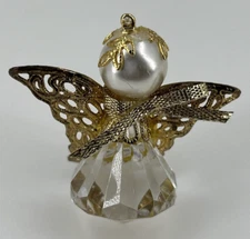 Guardian Angel Brooch Acrylic Crystal Faux Pearl Gold Tone Filagree Wings 1.5"