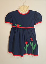 Vintage Fayette Girls Blue Dress Red Tulips Spring Tie Back Size 4