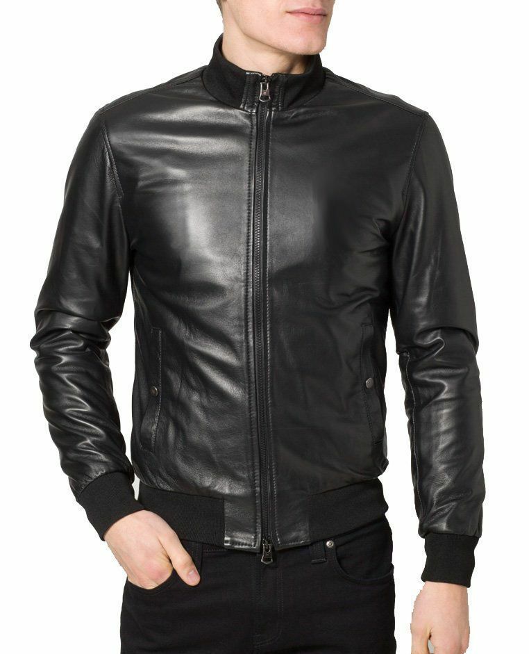 Vintage Black Leather Biker Jacket for Men Size 170 Motorcycle Bomber Coat-image