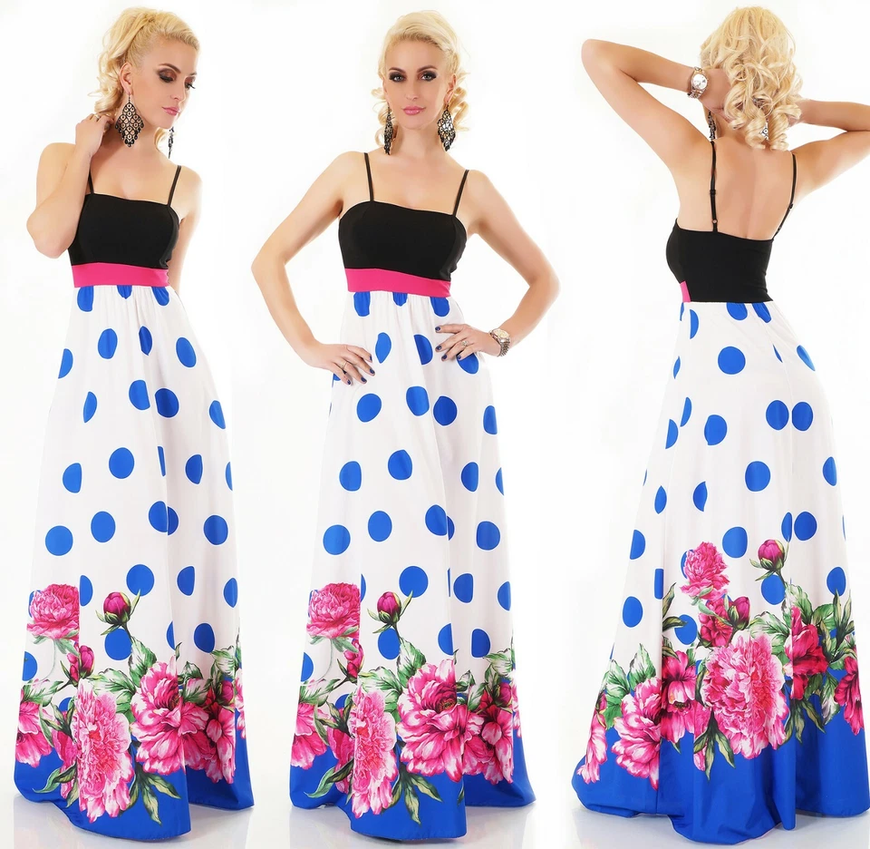 ITALY Maxi Sommer Kleid extra lang Dots Punkte Blumen Print Party Strand  - Bild 4 von 4