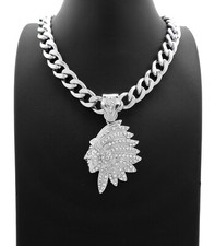 Iced Native American Indian Chief Pendant  18" 20" 24" Cuban Chain Necklace