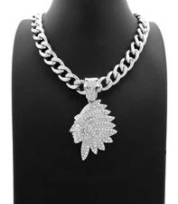 Iced Native American Indian Chief Pendant & 18" 20" 24" Cuban Chain Necklace