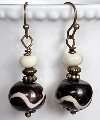 Batik Dangle Earrings. Black and Ivory Beads with Etched Bronze. Boho Chic