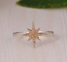 Handmade Textured Design 925 Sterling Silver & Gold Plated With Star Shape Ring
