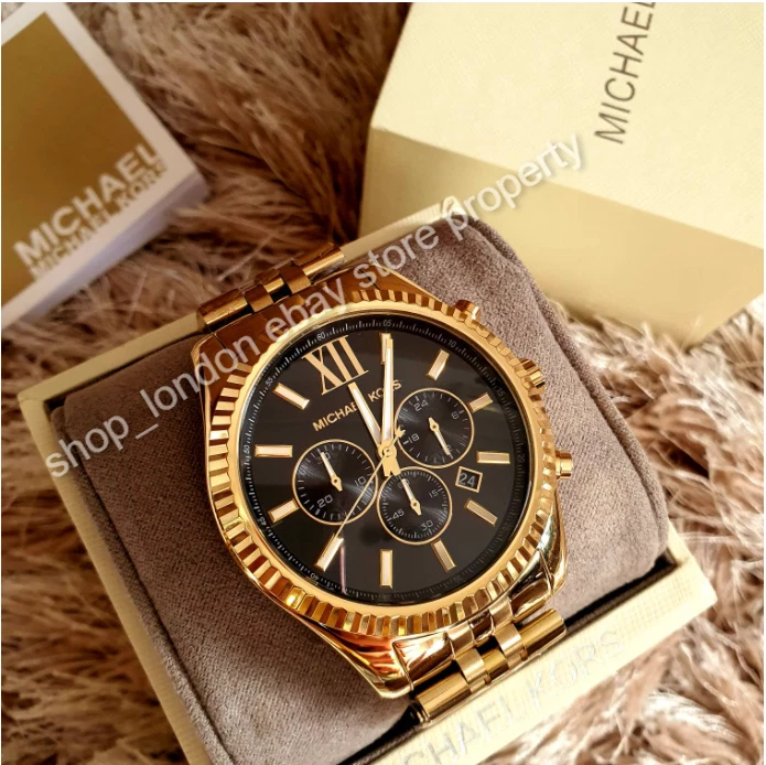 Michael Kors Dial eBay Watch Men\'s Lexington Gold Tone | Black MK8286 Wrist Chronograph