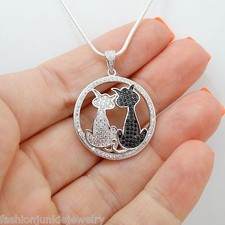Sterling Silver Two Sitting Cats Necklace with Cubic Zirconia  18" Chain