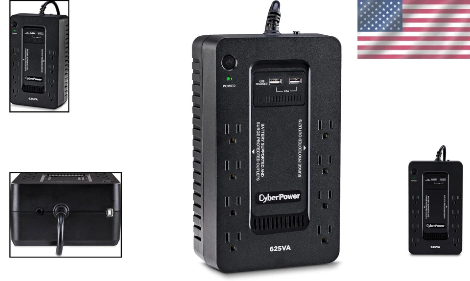 625VA UPS Power Supply with 8 Outlets and USB Ports for Home Office Protection - Image 2 of 4