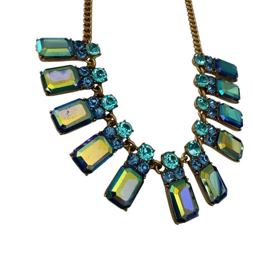 J Crew Statement Necklace Iridescent Blue Turquoise Crystal Stones Gold Adjustab - Picture 21 of 22