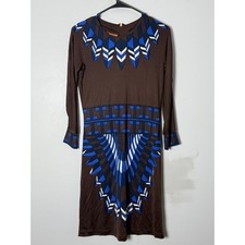 Tory Burch Silk Jersey Shift Dress Brown Blue Geometric Feather Print Size S