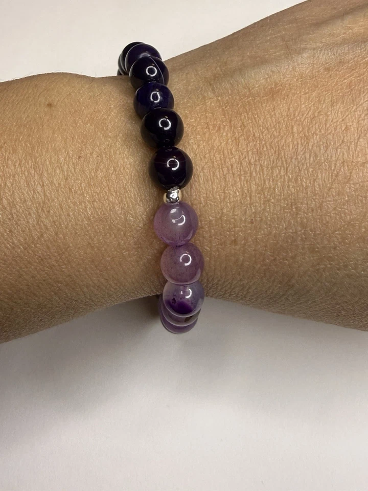 Pulsera con cuentas de piedras preciosas de ágata púrpura natural 8 mm joyería de cristal elástico Foto 2 de 4