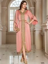 Dubai Women Abaya Muslim Kaftan Rhinestone Evening Gown Long Dress Ramadan Bead