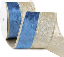 Navy Blue Velvet Wired Christmas Ribbon 4 Inch Extra Wide Thick Blue and Gold Gl