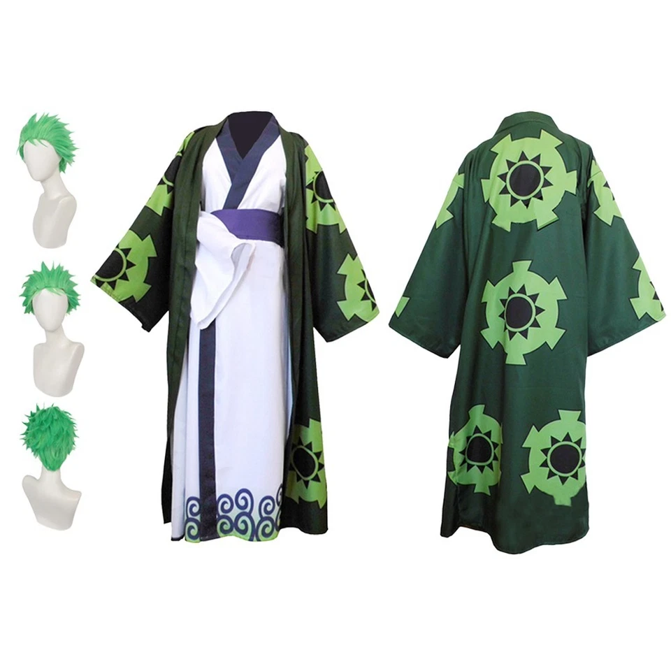 Roronoa Zoro Cosplay Kimono Halloween Gown Coat Robe+Synthetic Hair Wig+Ear Clip - Image 3 of 4