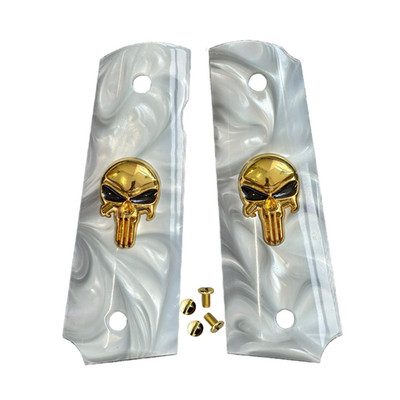 Colt 1911 Grips Full Size, Luxury Punisher Skull Black/White Pearl,Bonded Ivory