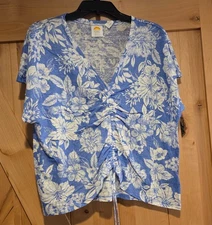 C&C California Sz XL Blue Floral 100% Linen Shirt Short Sleeve Cinch Front Beach