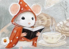 ACEO print limited edition white mouse studies tea  by Anna Hoff Germany