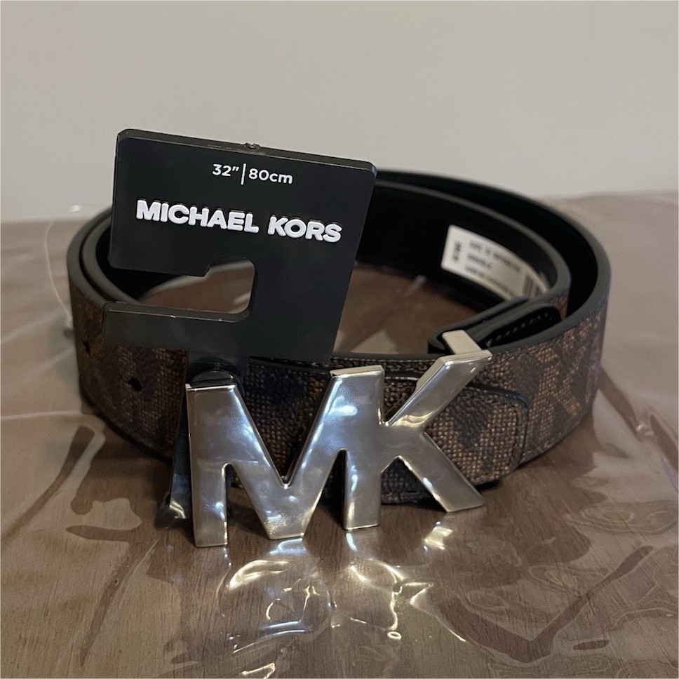 michael kors men's leather dress belt 32 Brown Black Logo Buckle Adjustable Designer fb_clabel_1_exclude