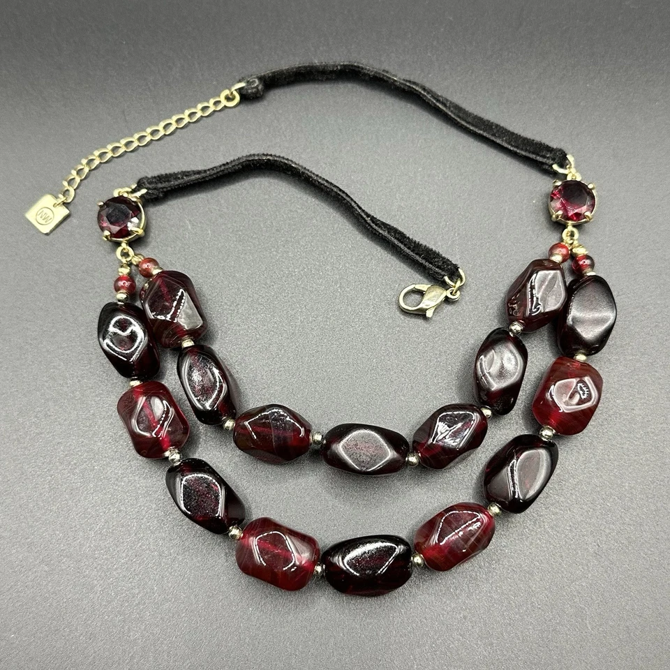 NINE WEST 蔓越莓红 Lucite 和玻璃水钻珠多股项链 — 第 3/4 张图片