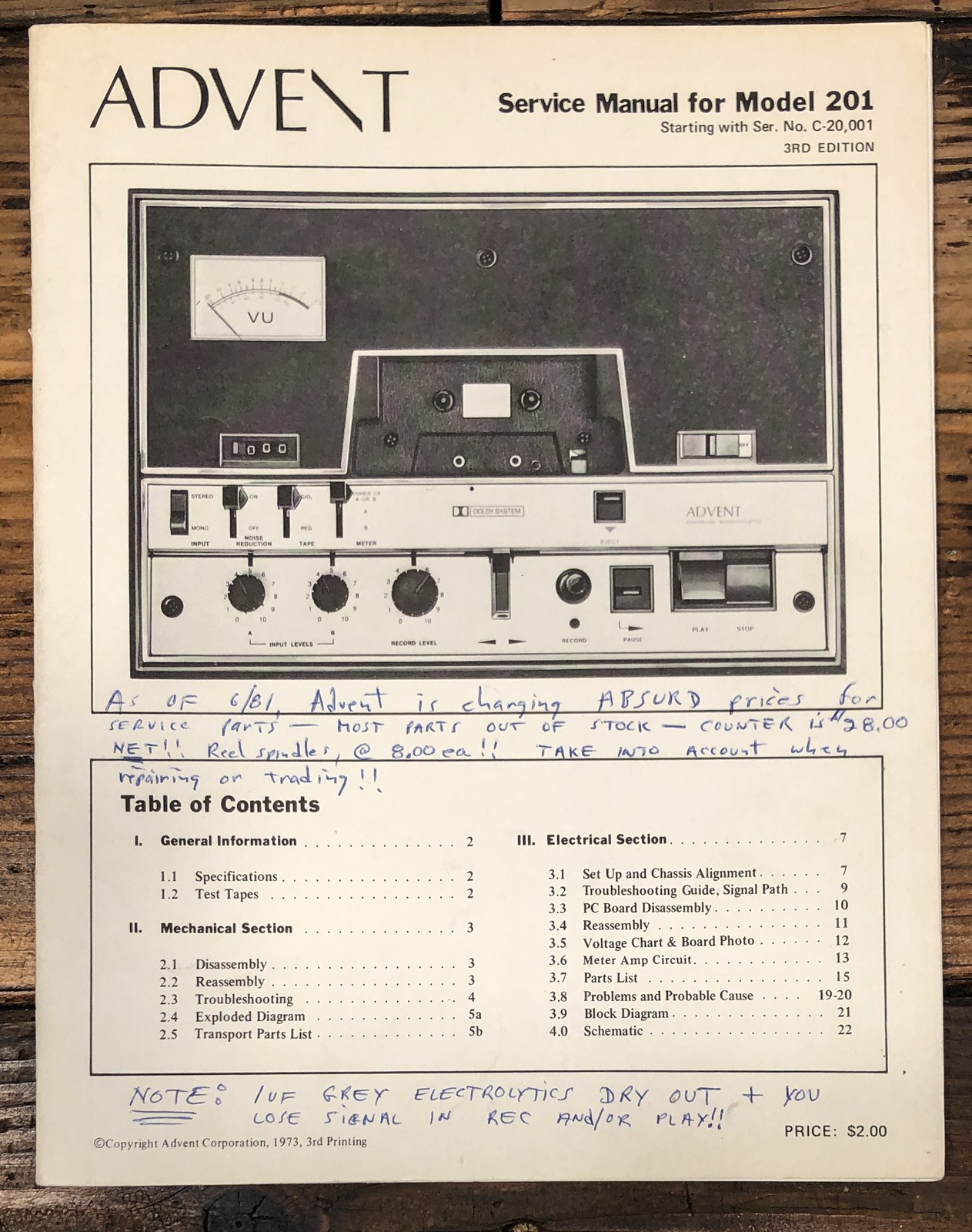 Advent Model 201 Cassette Service Manual *Original* #2
