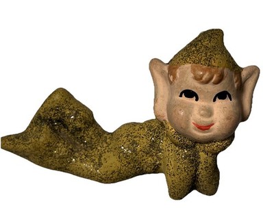 Vintage Commodore Ceramic Christmas Pixie Ornament Japan Mica Glitter Green 1950