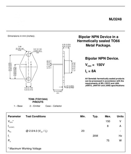 MJ3248 Bipolar NPN Transistor 150V 8A TO66 Motorola NOS Marantz 250M Qty(4) - Picture 2 of 2