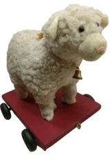 LAMB PULL TOY WOOL Folk Art Style Child's Sheep Rolling  Wood Wheels & Wood Cart