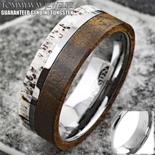 Personalized Men's Tungsten Offset Deer Antler & Bocote Wood Wedding Band Ring