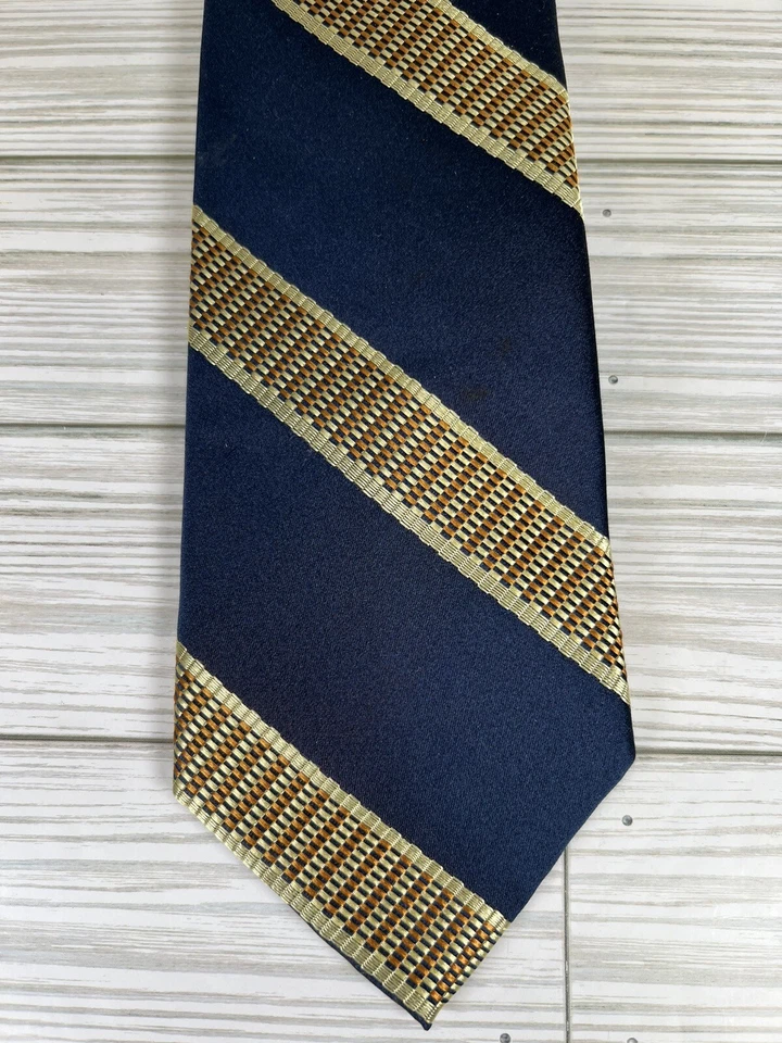 "Corbata Henry Grethel azul marino con rayas diagonales doradas marfil seda 3,75"" x 65""" Foto 2 de 4