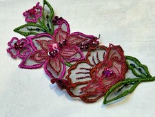 embroidered appliques flower sequins glass beads 3X6" layered hand sewn 1pc