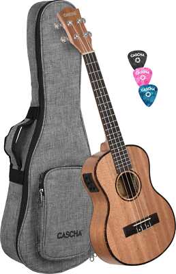 Cascha Premium Tenor Mahagoni Ukulele Set mit Tonabnehmer Gigbag 3x Plektren
