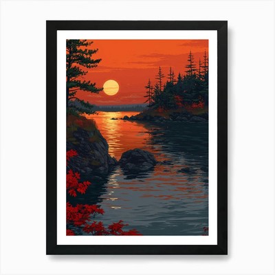Sonnenuntergang am See 3 Kunstdruck gerahmt Wandbild Poster Leinwanddruck Bild
