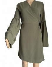 Sisters Point Size 12 Wrap Dress Khaki Olive Green Long Sleeve Knee Length