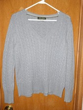 Eddie Bauer Women Cotton Cable Knit Sweater V Neck Sz M Gray