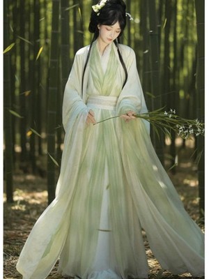 Sage Green Traditional Chinese Wei-Jin Style Double-Layer Hanfu Dress Set