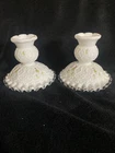 Fenton White Silver Crest Spanish Lace Violets In The Snow Candlesticks Set 2