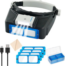 Headband Magnifier with LED Light, Rechareable 1.5X - 3.5X Optical Magnifying He