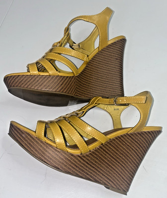 Sbicca Kam Mustard Yellow Wedge Sandals Open Toe Buckle Straps Size 8.5M