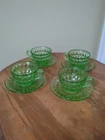 4 Jeanette Windsor Green Uranium Glass Cups And Saucers