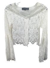 For Love  Lemons Lace Cardigan Womens XS White Cropped Sheer Scalloped Hem