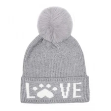Soft Knitted Love Faux Fur Pom Pom Beanie Hat Paw Print Pet Lover Gift NWT