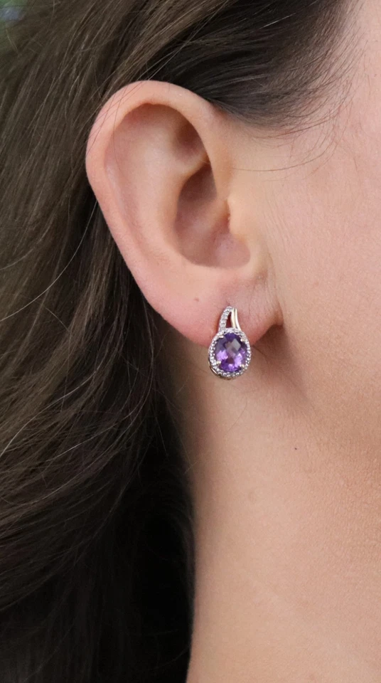 Pendientes de diamantes y amatista natural de oro amarillo de 10 k poste de 1/2" x 3/8" pulgadas Foto 2 de 4