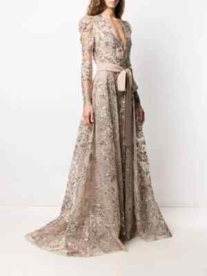 $8325 NEW Elie Saab Sequin Embroidered Nude Gown  Warm Taupe Lace Bow Dress 38 ,