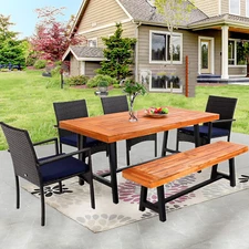 Rattan Patio Dining Furniture Set Wooden Bench Table Wicker Outdoor Chair 7Pcs