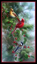 Birds and Berries ~ Christmas, Winter, Cardinal ~ Elizabeth Studios Fabric Panel