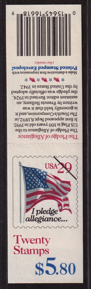 1994 Flag & Pledge BK199 (2 panes Sc 2594a) MNH 29c plate number K1111 - Image 2 of 2