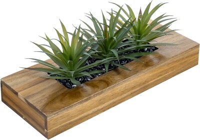 Brown Wood Decorative Planter, Tabletop Faux Greenery Decor with Container