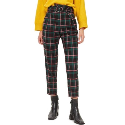Topshop Punk Check Trousers Tapered Crop Plaid Pants Green Pink