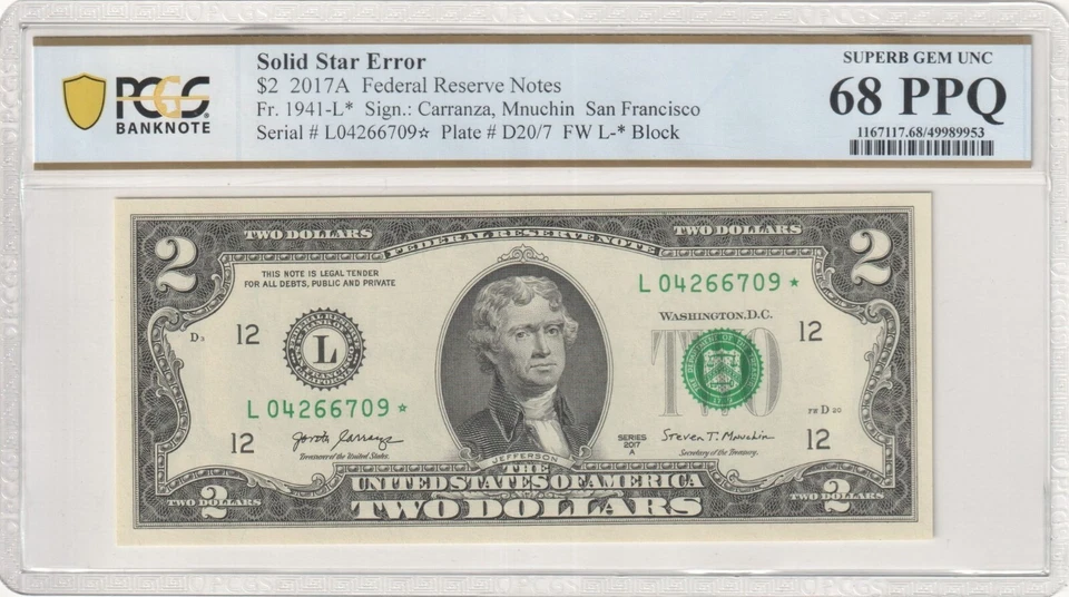 2017A Star $2 Two Dollar PCGS Graded Gem 68PPQ SOLID/FILLED STAR Error Note RARE - Image 2 of 3
