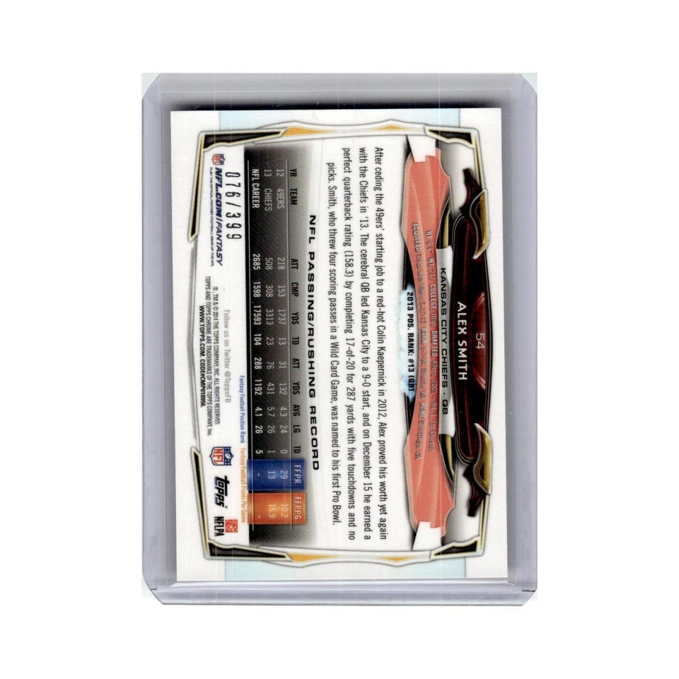 Alex Smith #/399 2014 Topps Chrome Pink Refractors #54 Kansas City Chiefs NM - Image 2 of 3