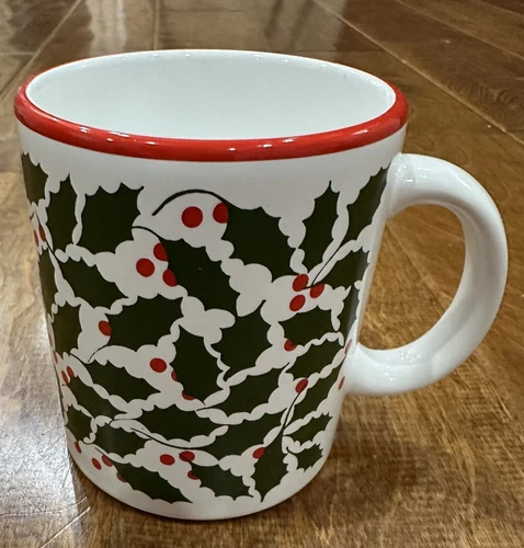Waechtersbach Christmas Mug White W/Holly Berries Red Trim Spain